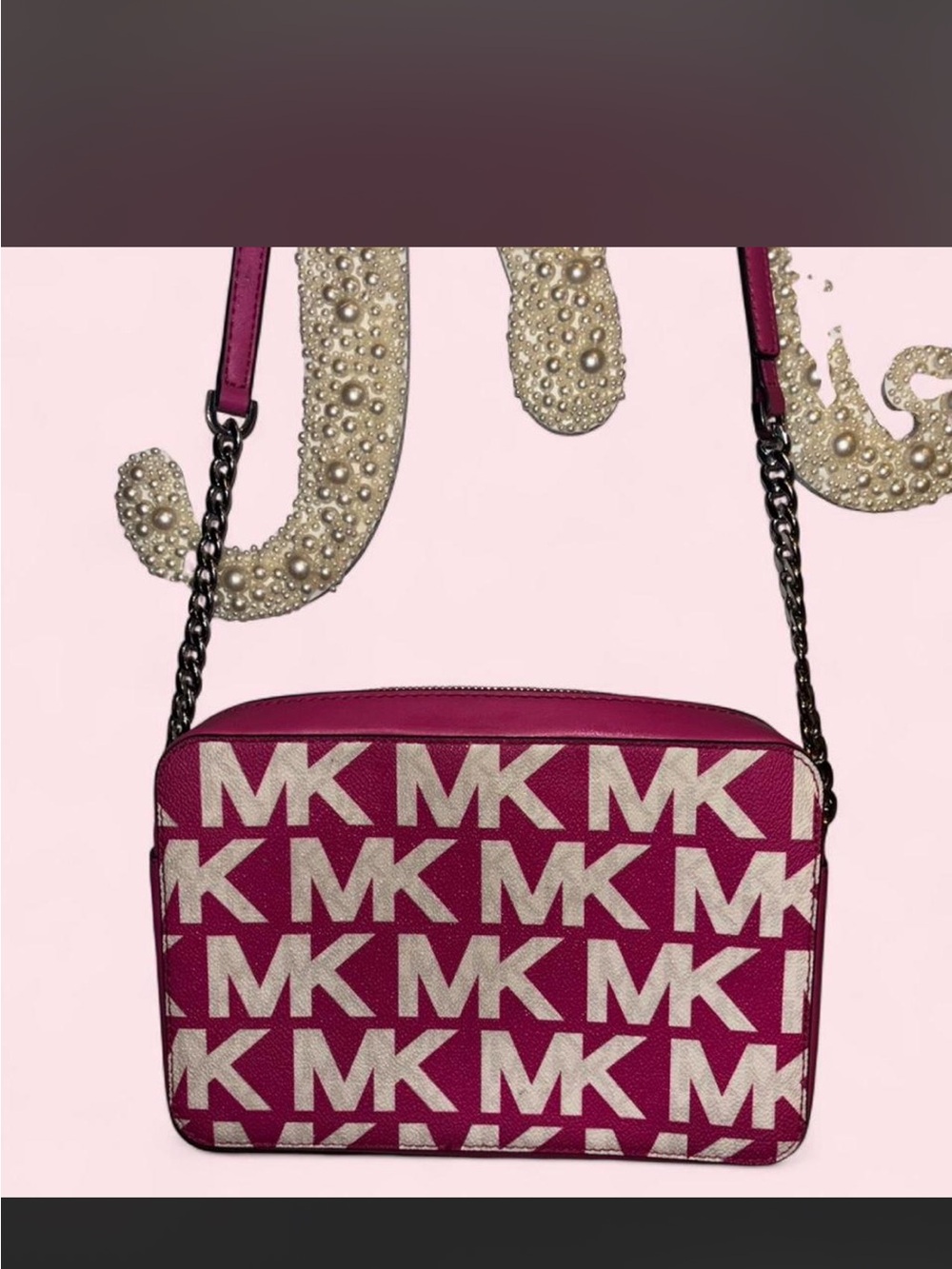 Michael Kors Jet Set Camera Bag Fuchsia MK Logo Crossbody Bag with Chain Strap - Picture 2 of 6